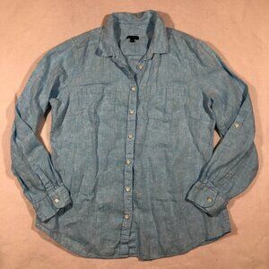 Talbots Top Womens Large Blue 100% Linen Button Front Shirt Long Sleeve
